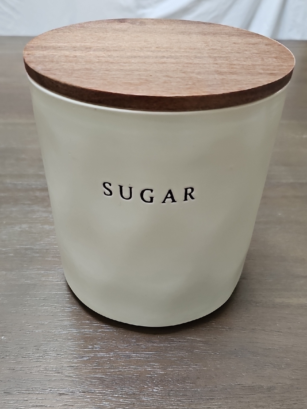 Cream Ceramic Sugar Canister with Wood Lid